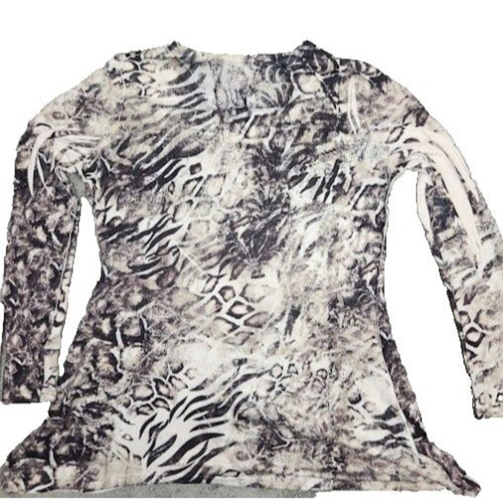 Sacred Threads Tunic Womens Small Gray White Animal Print Long Sleeve Pull Over